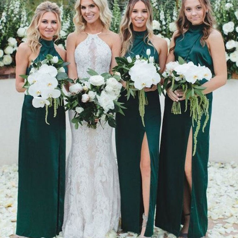 Sheath High Neck Long Cheap Dark Green Bridesmaid Dresses with Split, TYP1367