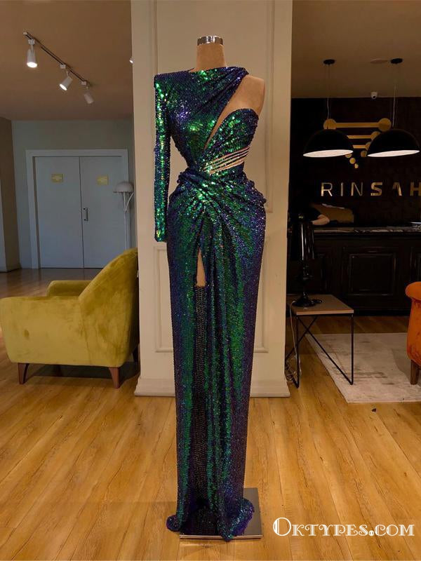 New Arrival Sparkly Sexy One Shoulder Long Sleeves High Slit Long Cheap Sequin Prom Dresses, TYP2052