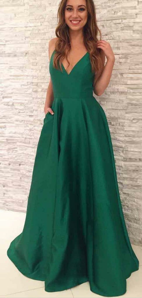 A-line V-Neck Long Cheap Pleated Green Satin Prom Dresses with Pockets, TYP1281