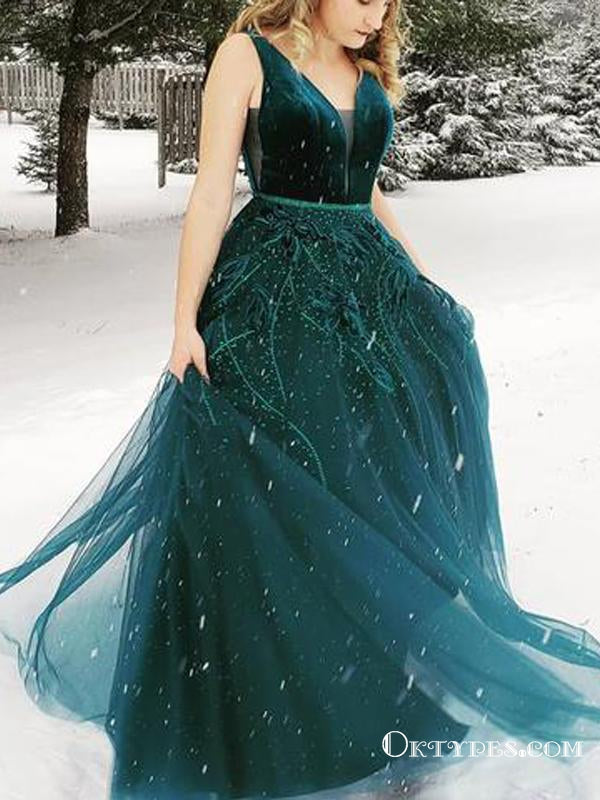 Charming Princess V Neck Dark Green Long Prom Dresses With Applique, TYP1720