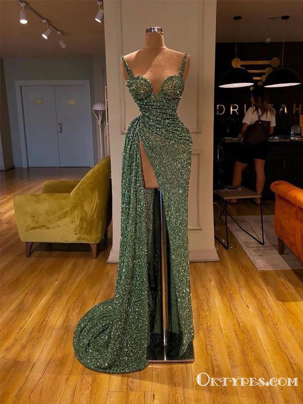 New Arrival Sparkly Sexy A-line Spaghetti Strap Sleeveless High Slit Long Cheap Sequin Prom Dresses, TYP2059