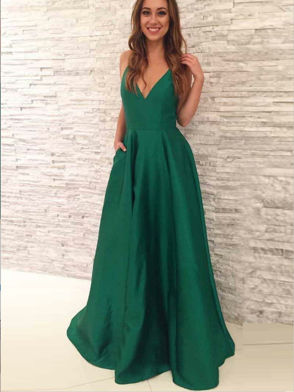 A-line V-Neck Long Cheap Pleated Green Satin Prom Dresses with Pockets, TYP1281