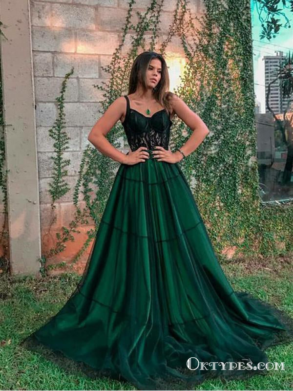 A-Line Spaghetti Straps Dark Green Long Prom Dresses with Lace, TYP1655