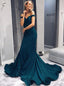 Mermaid Off-the-Shoulder Green Satin Prom Dresses with Beading, TYP1333