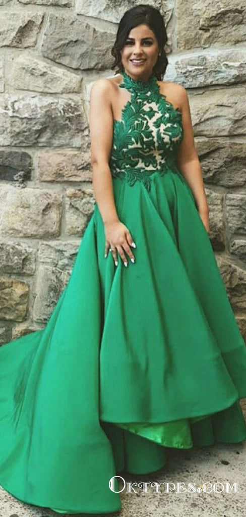 Charming Ball Gown Halter Backless Green Satin and Lace Long Prom Dresses, TYP1737