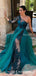 Emerald Green One Shoulder Sexy See Through Lace Appliques Long Sleeve A-line Long Prom Dresses, PDS0050