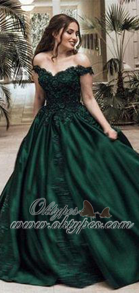 Dark Green Off The Shoulder Satin Ball Gown Long Prom Dresses With Applique, TYP1462