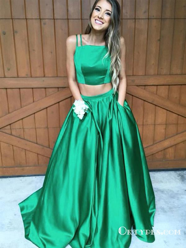 Two Piece Square Long Cheap Green Satin Prom Dresses with Pockets, TYP1824