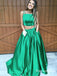 Two Piece Square Long Cheap Green Satin Prom Dresses with Pockets, TYP1824