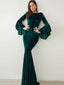 Mermaid Bateau Flare Sleeves Long Cheap Green Velvet Prom Dresses, TYP1275