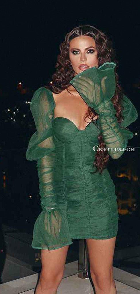 New Autumn Green V-Neck Long Sleeve Cheap Short Homecoming Dresses, HDS0005