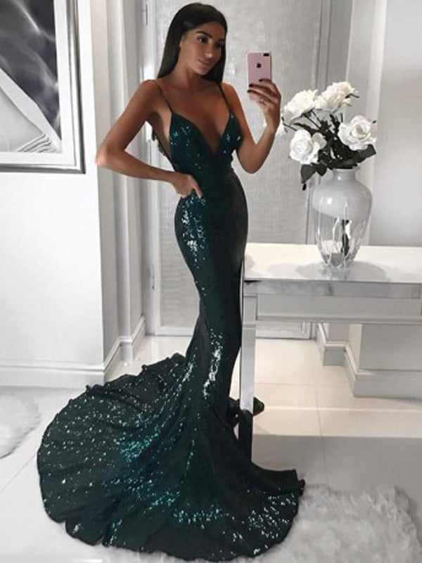 Mermaid Spaghetti Straps Long Cheap Dark Green Sequined Prom Dresses, TYP1273