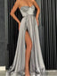 A-Line Sweetheart Grey Long Prom Dresses with Appliques&Slit, TYP1622