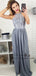 A-Line Round Neck Neck Long Grey Satin Prom Evening Dress with Lace Split, TYP1493