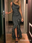 One Shoulder Grey Sequin Long Mermaid Evening Gowns Prom Dresses, TYP1679