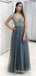 Sparkly V-neck Grey Tulle Long Cheap Prom Dresses With Beaded, TYP1632