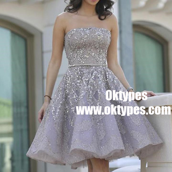 Popular Grey strapless Gorgeous A-line homecoming prom gown dress, TYP0841