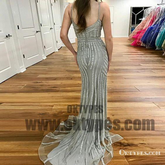 Mermaid Spaghetti Strap Grey Sequin Prom Dresses, Sexy Evening Dresses, TYP0697