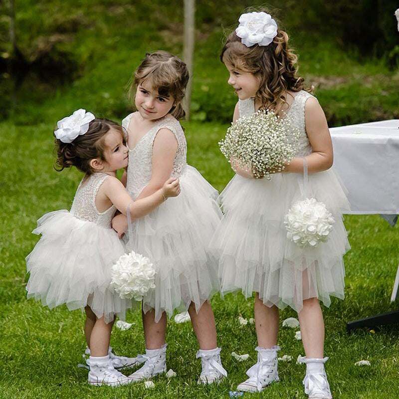 Ball Gown Round Neck Grey Tiered Flower Girl Dress with Lace, TYP1153