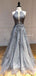 Elegant Halter Sleeveless Grey Organza Lace Appliqued A-line Long Cheap Backless Prom Dresses, PDS0081