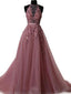 A-line Halter Lace Appliqued Formal Evening Gowns See-through Long Prom Dresses, TYP1193