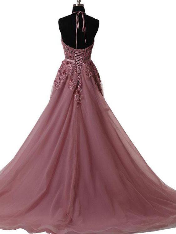 A-line Halter Lace Appliqued Formal Evening Gowns See-through Long Prom Dresses, TYP1193