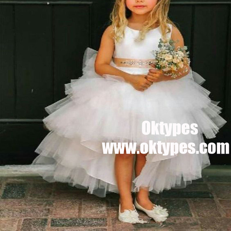 A-Line Asymmetry Train White Tulle Flower Girl Dress with Beading, TYP0948