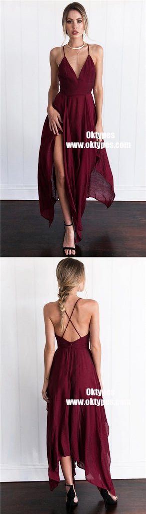 Simple Dark Red High How Side Slit Cheap Homecoming Dresses, TYP0883