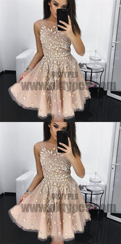 A-Line Round Neck Short Blush Homecoming Dresses with Beading, Homecoming Dresses, TYP0711