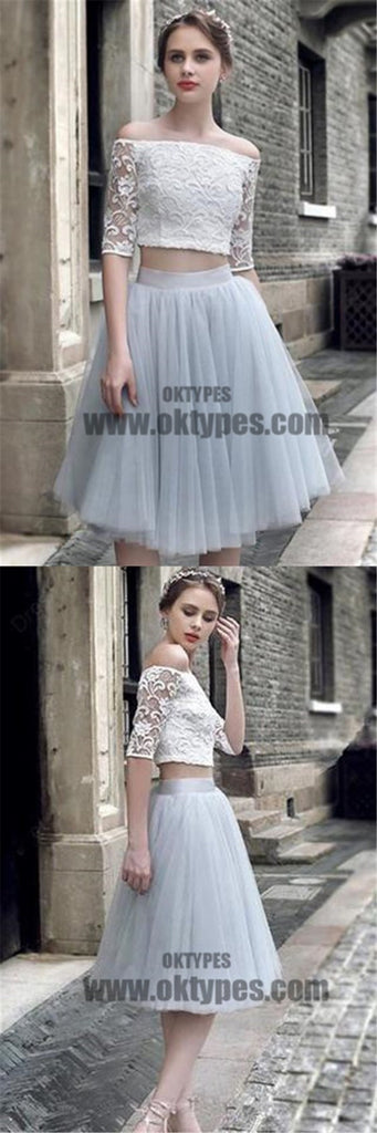 2 pieces Lace Top Half Sleeve Light Grey Tulle Skirt Homecoming Dresses, Popular Homecoming Dresses, TYP0515