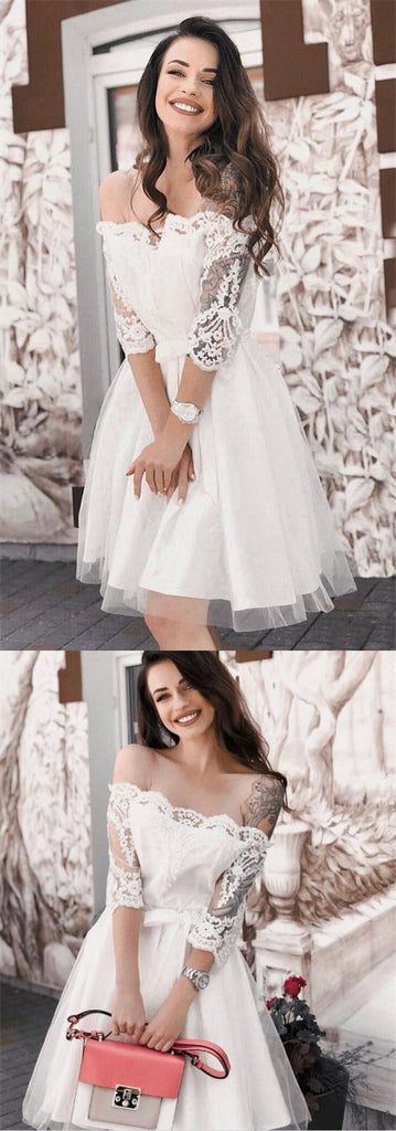 A-Line Off-Shoulder 3/4 Sleeves White Short Cheap Homecoming Party Dresses, TYP1023