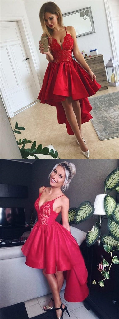 Sexy Spaghetti Straps Asymmetric Red Satin Homecoming Dresses with Lace, TYP1083