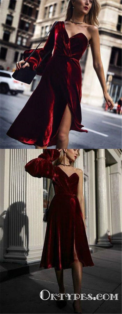 Single Length Burgundy One Shoulder Long Sleeve Homecoming Dresses, TYP1970