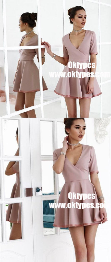 A-Line Scoop Blush Satin Short Homecoming Party Dress with Sleeves, TYP0945