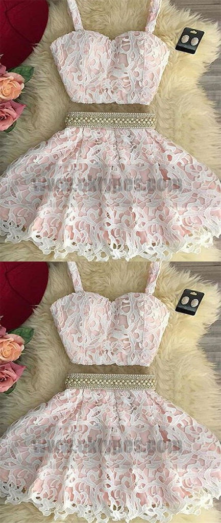 Two Piece White and Pink Short Lace Homecoming Dresses With Beading, TYP0781