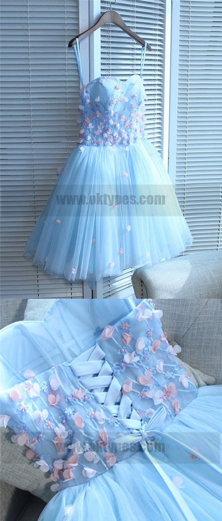 Light Blue Spaghetti Strap Handmade Flower Appliques Tulle Lace Up Princess Homecoming Dresses, TYP0764