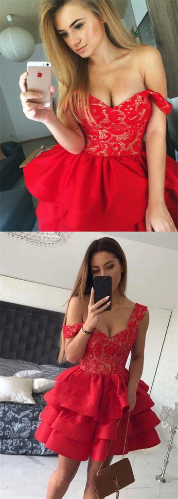 Sexy Off-Shoulder Red Satin Short Cheap Homecoming Dresses with Lace, TYP1084