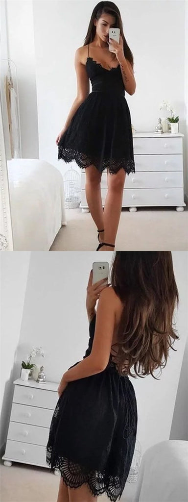 Spaghetti Straps Sleeveless Short Black Lace Simple Homecoming Dresses, TYP1101