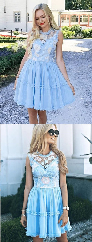 Elegant Jewel Short Cheap Light Blue Tulle Homecoming Party Dresses with Lace, TYP1089