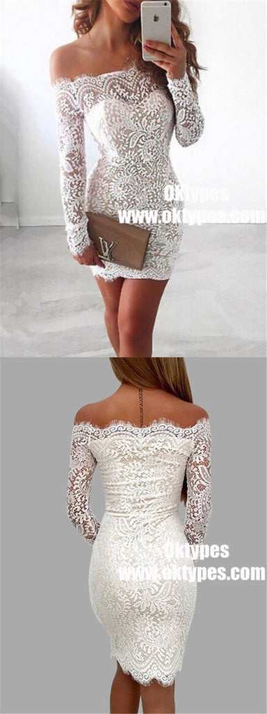 Sheath Off-the-Shoulder Long Sleeves Short Ivory Lace Homecoming Dresses, TYP0884