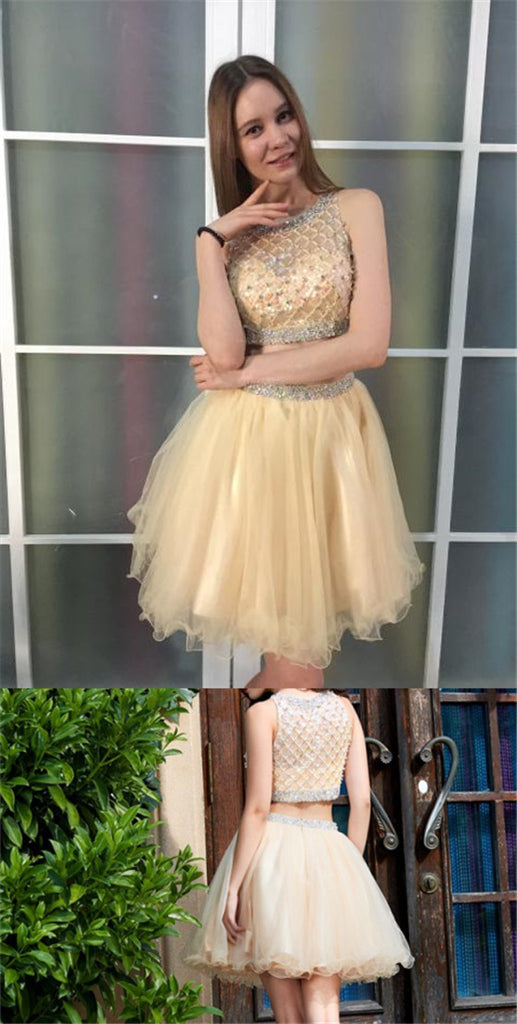 Two Piece Scoop Short Cheap Tulle Beaded Homecoming Dresses Online, TYP1147