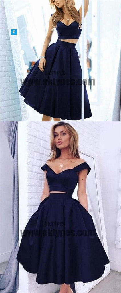 2 pieces Strap Navy A-line Sexy V-neck Homecoming Dresses, Cheap Short Prom Dresses, TYP0620