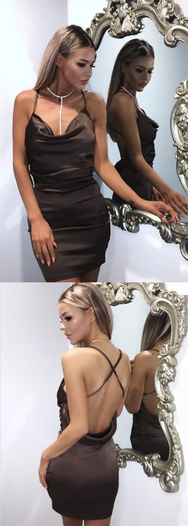 Tight Spaghetti Straps Crisscross Short Chocolate Satin Homecoming Party Dresses, TYP1025