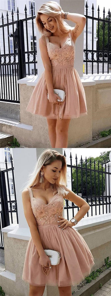 Pink spaghetti Strap Short Cheap Beaded Homecoming Dresses Online, TYP1150