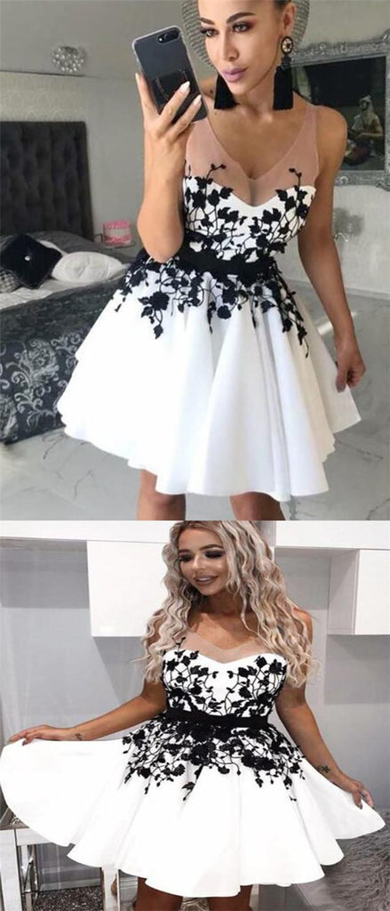 New Arrival Scoop Short White Homecoming Prom Dresses with Appliques, TYP1043