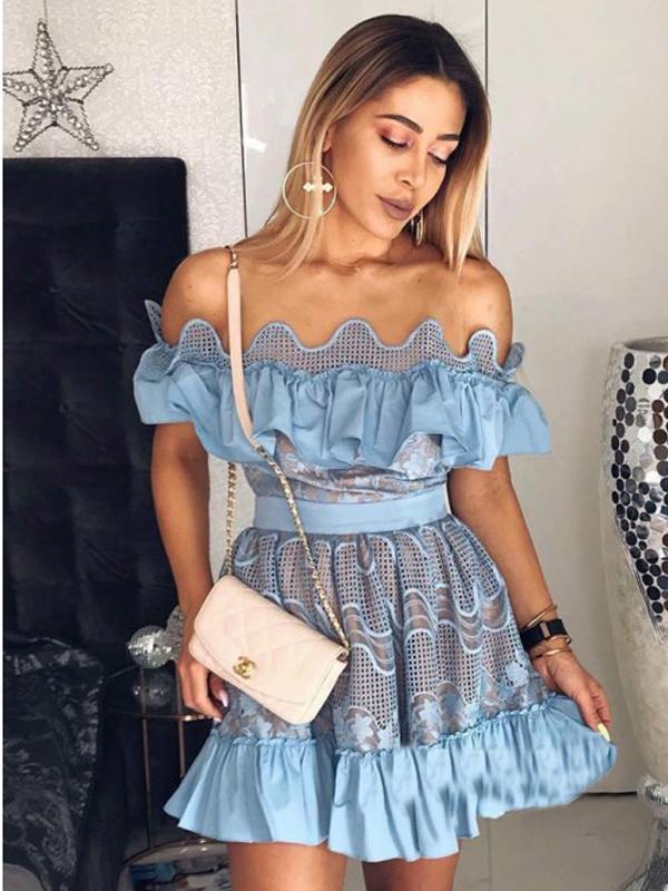 Off-The-Shoulder Blue Lace A-line Cheap Short Homecoming Dresses, HDS0026