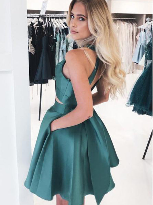 Simple Round Neck Green Satin A-line Cheap Short Homecoming Dresses, HDS0039