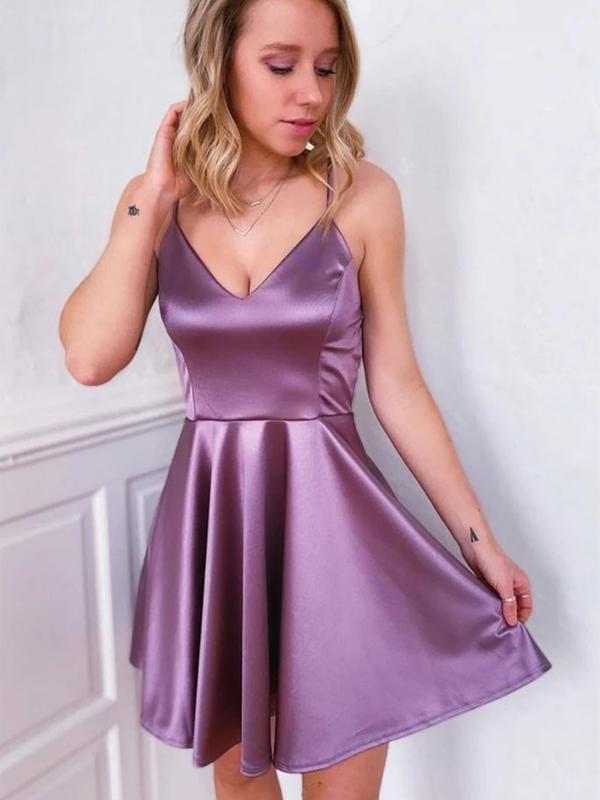 Simple V-neck Lavander Satin Cheap Short Homecoming Dresses, HDS0011