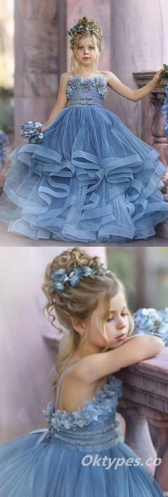 Cute Elegant Spaghetti Straps Tulle Beading Applique A-Line Flower Girl Dresses, FGS0033