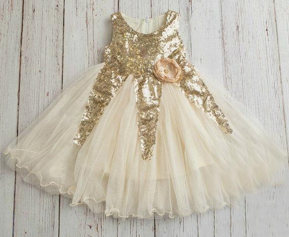 Lovely Ivory Tulle & Gold Short Cheap Sequin Flower Girl Dresses, TYP1047